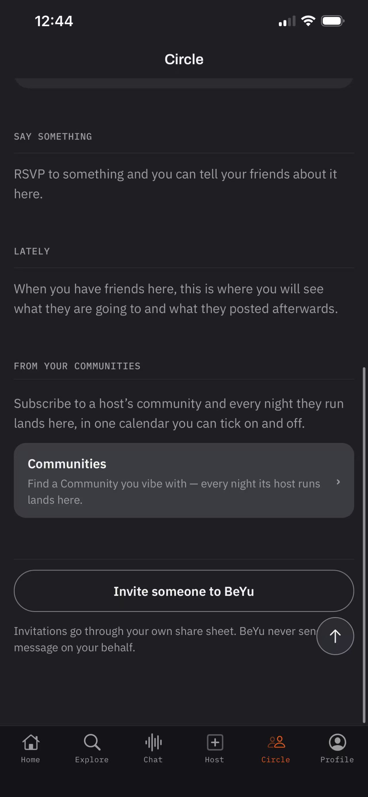 BeYu Circle with posting, a Lately activity feed, communities, and inviting friends.