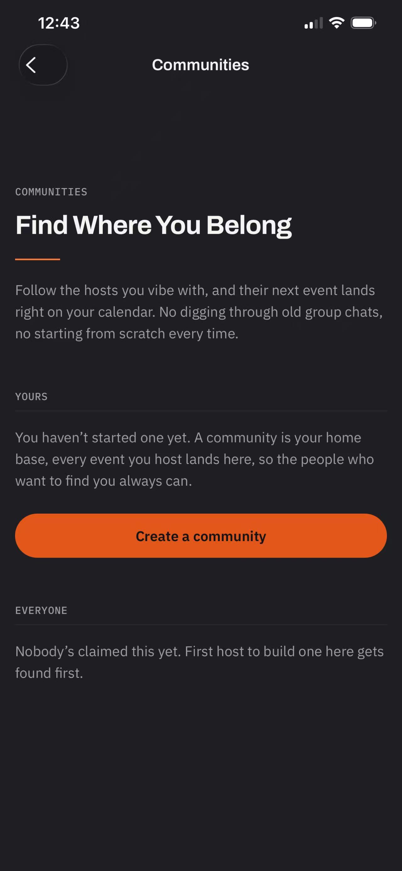 BeYu Communities, where you follow hosts or create a community.