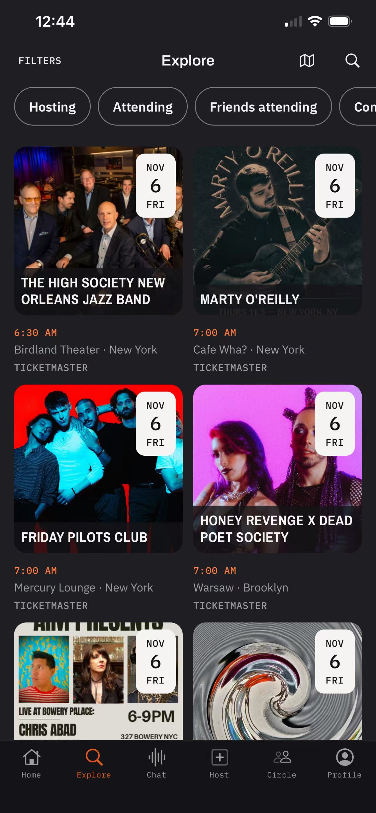 BeYu Explore with Hosting, Attending, and Friends attending filters above a grid of events.