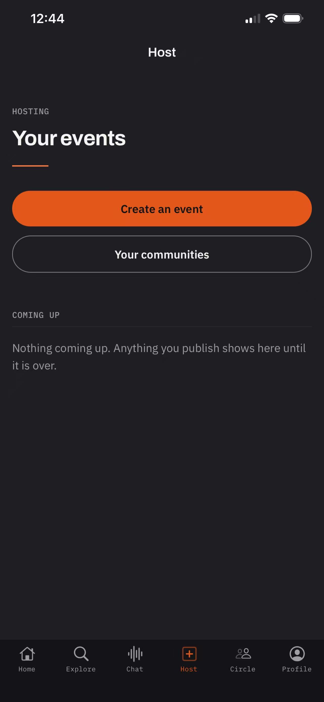 BeYu’s Host tab with Create an event, Your communities, and a Coming up list.