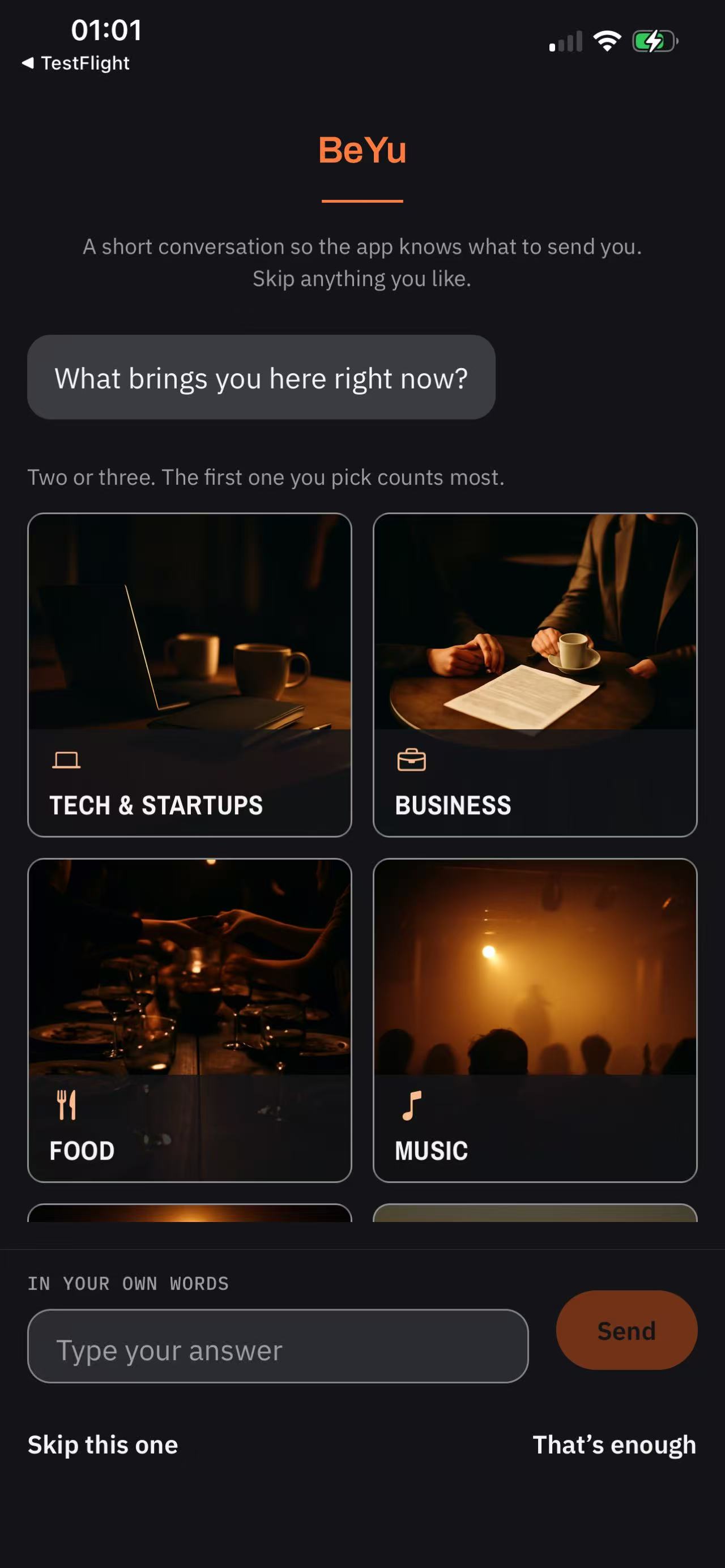 BeYu onboarding asks what brings you here, with interest cards and an optional written answer.