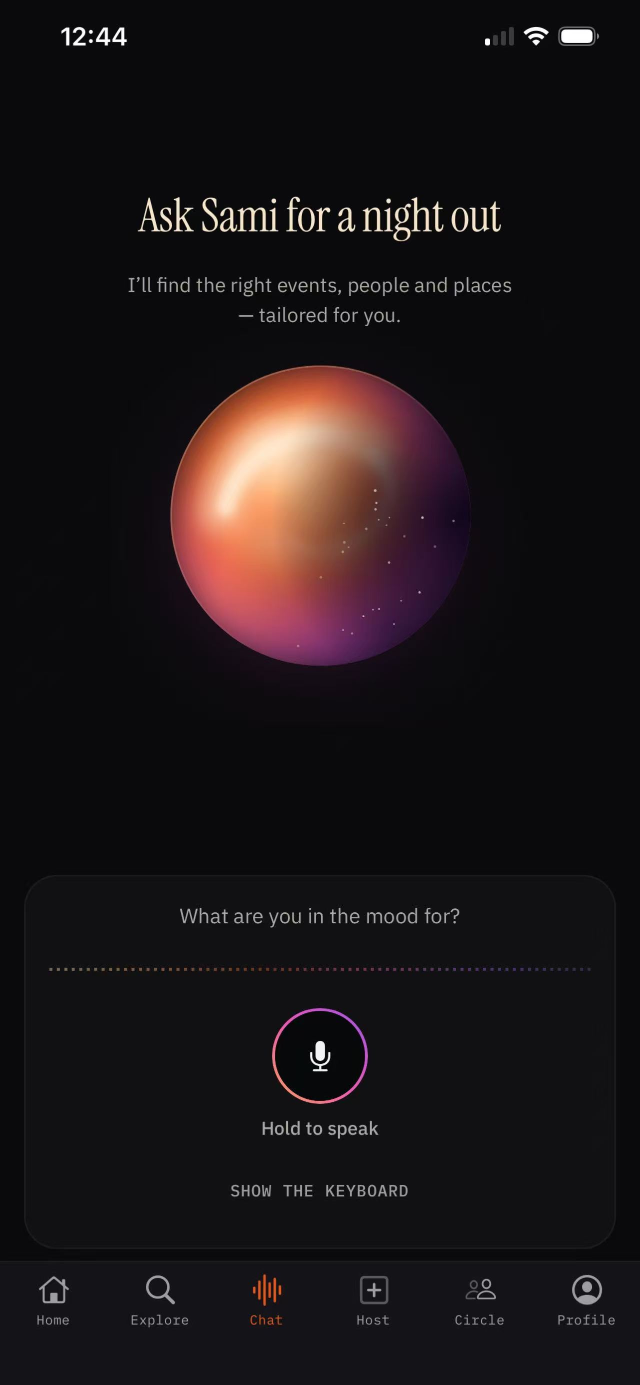 Sami’s actual TestFlight screen with its glowing orb and voice or keyboard controls.